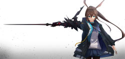 Rule 34 | 1girl, absurdres, amiya (arknights), animal ears, arknights, ascot, black jacket, black pantyhose, blue ascot, blue eyes, blue skirt, brown hair, closed mouth, gradient background, grey background, hair between eyes, highres, holding, holding sword, holding weapon, hood, hood down, hooded jacket, jacket, long hair, looking at viewer, open clothes, open jacket, outstretched arm, pantyhose, pleated skirt, ponytail, rabbit ears, ribbed shirt, shirt, shoshu, simple background, skirt, solo, sword, v-shaped eyebrows, very long hair, weapon, white background, white shirt