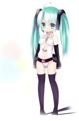 Rule 34 | 1girl, ahoge, bad id, bad nicoseiga id, center opening, detached sleeves, green eyes, green hair, hatsune miku, hatsune miku (append), highres, long hair, matching hair/eyes, namekuji (26053464), namekuji (namekuzu), navel, necktie, simple background, sleeves past wrists, solo, thighhighs, twintails, vocaloid, vocaloid append, white background
