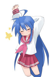 Rule 34 | 1girl, :3, absurdres, ahoge, arms up, blue hair, blush, closed eyes, cowboy shot, cropped legs, highres, izumi konata, long hair, long sleeves, lucky star, mole, mole under eye, neckerchief, pepsi2330, pink neckerchief, red sailor collar, red skirt, ryouou school uniform, sailor collar, school uniform, serafuku, shirt, simple background, skirt, solo, star (symbol), white background, white shirt