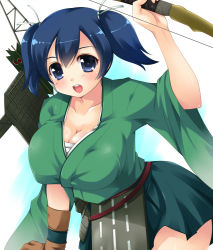 Rule 34 | 10s, 1girl, arrow (projectile), black hair, blue eyes, blue hair, bow (weapon), breasts, cleavage, hair ribbon, huge breasts, japanese clothes, kantai collection, kougasha, matching hair/eyes, open mouth, personification, ribbon, short hair, skirt, smile, solo, souryuu (kancolle), twintails, weapon, wide sleeves