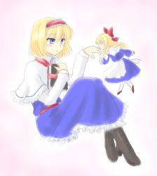 Rule 34 | 1girl, alice margatroid, blonde hair, blue eyes, book, hugging book, bow, capelet, cross-laced footwear, doll, dress, frilled dress, frills, grimoire of alice, hair bow, hairband, holding, holding book, isaki (gomi), kiss, kissing hand, hugging object, pantyhose, shanghai doll, short hair, sketch, smile, touhou