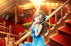 Rule 34 | 10s, 1girl, artist request, bare shoulders, beads, blue dress, blush, bouquet, brown hair, chandelier, collarbone, dress, earrings, evening gown, flower, flute, from above, hair beads, hair ornament, half updo, halterneck, idolmaster, idolmaster cinderella girls, idolmaster cinderella girls starlight stage, indoors, instrument, jewelry, lamp, long hair, looking at viewer, mizumoto yukari, official art, open mouth, people, plant, potted plant, railing, red carpet, sidelocks, sign, sleeveless, sleeveless dress, smile, solo focus, stairs, wavy hair