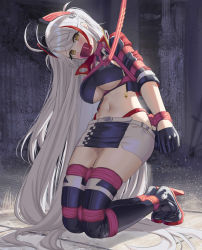 Rule 34 | absurdres, azur lane, bdsm, belt, blush, bondage, boots, bound, breasts, cailin020, gag, gagged, high heel boots, high heels, highres, improvised gag, long hair, looking at viewer, miniskirt, navel, official alternate costume, pale skin, prinz eugen (azur lane), prinz eugen (final lap) (azur lane), restrained, shibari, skirt, tape, tape gag, thigh boots, thighhighs, thighs, underboob, white hair, yellow eyes