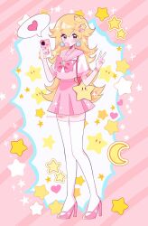 Rule 34 | 1girl, blonde hair, blue eyes, blowing bubbles, cellphone, commentary, crescent, earrings, english commentary, food, fruit, heart, high heels, highres, holding, holding phone, jewelry, long hair, looking at viewer, mario (series), meowwniz, nintendo, phone, pink footwear, pink nails, pink skirt, princess peach, skirt, smartphone, speech bubble, spoken heart, star (symbol), super star (mario), super mario bros. 1, super mushroom, thighhighs, v, white thighhighs