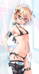 Rule 34 | 1girl, absurdres, bare shoulders, bikini, black-framed eyewear, black bikini, black choker, black ribbon, blonde hair, blush, breasts, choker, closed mouth, collarbone, cowboy shot, curtains, ear piercing, frown, glasses, gloves, gun, hand on own thigh, highres, holster, looking at viewer, maid headdress, mayoichi, micro bikini, navel, o-ring, original, piercing, red eyes, ribbon, short hair, side-tie bikini bottom, single thighhigh, skindentation, small breasts, solo, stomach, swimsuit, thigh holster, thigh strap, thighhighs, weapon, white gloves, white thighhighs