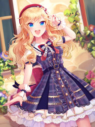 Rule 34 | 1girl, absurdres, black pantyhose, blonde hair, blue eyes, blush, bow, breasts, collarbone, commentary request, dress, earrings, frills, highres, idolmaster, idolmaster cinderella girls, idolmaster cinderella girls starlight stage, jewelry, long hair, looking at viewer, medium breasts, nail polish, ohtsuki yui, open mouth, outdoors, pantyhose, puffy short sleeves, puffy sleeves, purple dress, red headwear, red nails, sakura ran, short sleeves, smile, solo, wavy hair, wrist cuffs