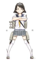 Rule 34 | 10s, 1girl, brown eyes, brown hair, crossed arms, full body, gloves, grey skirt, grin, hairband, kantai collection, kawashina (momen silicon), looking at viewer, machinery, neckerchief, pleated skirt, sailor collar, school uniform, serafuku, short hair, simple background, skirt, smile, solo, standing, tanikaze (kancolle), thighhighs, white background, white gloves, white thighhighs