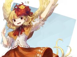 Rule 34 | 1girl, bird, bird girl, bird wings, blonde hair, brown capelet, capelet, chick, commentary request, cowboy shot, feathered wings, flat chest, medium hair, multicolored hair, neck ribbon, niwatari kutaka, open mouth, orange skirt, red eyes, red hair, retrochaossan, ribbon, shirt, skirt, smile, solo, touhou, v-shaped eyebrows, white shirt, wings, yellow wings
