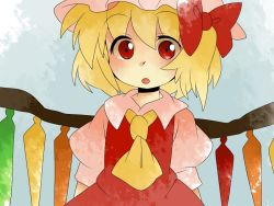 Rule 34 | 1girl, :o, ascot, bad id, bad pixiv id, blonde hair, bow, comic, embodiment of scarlet devil, female focus, flandre scarlet, gradient background, hair bow, hammer (sunset beach), hat, open mouth, red eyes, side ponytail, silent comic, solo, touhou, wings