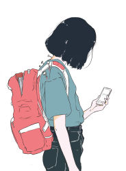 Rule 34 | 1girl, absurdres, aqua shirt, arm at side, backpack, bag, black hair, black pants, blood, commentary, cowboy shot, elliemaplefox, english commentary, flat color, from side, highres, holding, looking at phone, medium sleeves, nail, original, pants, phone, shirt, simple background, solo, standing, white background