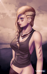 Rule 34 | 1girl, artist name, bare shoulders, blonde hair, blue eyes, braid, breasts, cleavage, cloud, cloudy sky, facial tattoo, highres, long hair, paladins, scar, sky, solo, standing, tattoo, tyra (paladins), upper body, vocox