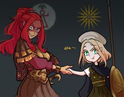 Rule 34 | 2girls, armor, blonde hair, borrowed character, breastplate, breasts, centurii-chan (artist), closed mouth, colored eyelashes, commentary, english commentary, english text, evil grin, evil smile, green eyes, grin, handshake, hannibal (centurii-chan), highres, holding, long hair, long sleeves, looking at viewer, medium breasts, multiple girls, open mouth, original, polearm, ponytail, red hair, sharp teeth, shield, simple background, smile, swept bangs, teeth, weapon