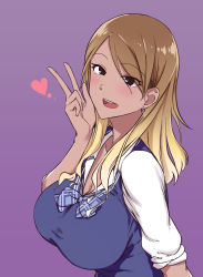 Rule 34 | 1girl, aki (aoirowings), black eyes, blonde hair, blue bow, blue vest, blush, bow, breasts, brown hair, cardigan vest, cleavage, collared shirt, dark-skinned female, dark skin, dress shirt, ear piercing, eyes visible through hair, gradient background, gradient hair, gyaru, heart, highres, idolmaster, idolmaster shiny colors, izumi mei, large breasts, long hair, long sleeves, looking at viewer, multicolored hair, open mouth, piercing, plaid, plaid bow, purple background, revision, school uniform, shirt, simple background, sleeves rolled up, smile, solo, upper body, v, vest, white shirt