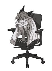Rule 34 | 1boy, animal feet, animal hands, chair, child, claws, crossed arms, digitigrade, dragon boy, dragon horns, dragon wings, full body, greyscale, hair between eyes, horns, long sleeves, looking to the side, low wings, male focus, monochrome, monster boy, mullmull02, multiple horns, office chair, on chair, original, scales, shirt, short hair, shorts, simple background, slit pupils, solo, squatting, swivel chair, taras-kun (mullmull02), white background, wings
