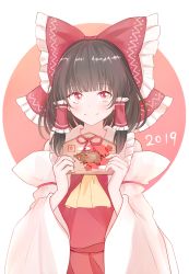 Rule 34 | 1girl, 2019, ascot, black hair, bow, chinese zodiac, commentary request, detached sleeves, ema, hair bow, hair tubes, hakurei reimu, highres, holding, looking at viewer, red bow, red eyes, smile, solo, touhou, upper body, white background, year of the pig, yellow ascot, yosshii (ne ko matter)