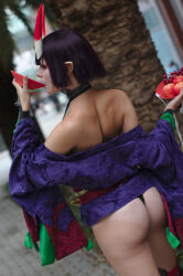 Rule 34 | 1girl, artist request, ass, bare shoulders, blurry, blurry background, cosplay, fate/grand order, fate (series), female focus, horns, oni, outdoors, photo (medium), shuten douji (fate), skin-covered horns, solo, standing