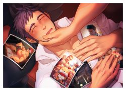 Rule 34 | 2boys, bara, blush, closed eyes, crow (siranui), eddie (gyee), facial hair, gyee, hand on another&#039;s face, highres, lap pillow, large pectorals, long sideburns, male focus, master (gyee), miles (gyee), multiple boys, muscular, musso (gyee), open clothes, open mouth, open shirt, pectoral cleavage, pectorals, photo (object), priapus (gyee), purple hair, rand (gyee), shirt, sideburns, sleeping, stubble, su (gyee), upper body, white shirt, yan (gyee), yaoi