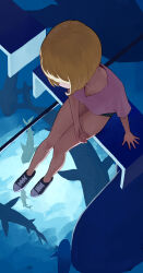 Rule 34 | 1girl, absurdres, aquarium, arm support, bench, black footwear, black shorts, blonde hair, bob cut, breasts, collarbone, commentary, english commentary, from above, full body, glass floor, hand on lap, highres, looking down, medium breasts, on bench, original, pink shirt, sekoshi (some1else45), shark, shirt, shoes, short hair, short shorts, shorts, sitting, sneakers, solo, some1else45, t-shirt, thighs, underlighting, v-neck