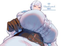Rule 34 | 1girl, absurdres, akershus fortress (oshiro project), black gloves, blue cape, blue cloak, blue eyes, bodysuit, braid, breasts, cape, center frills, cloak, corset, fluff, frills, from below, fur-trimmed cape, fur-trimmed cloak, fur trim, gigantic breasts, gloves, grey hair, highres, huge breasts, milk4290, oshiro project:re, oshiro project:re, padded cloak, shirt, solo, tight clothes, white bodysuit, white shirt