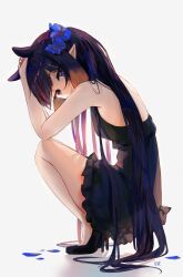 Rule 34 | 1girl, absurdres, black dress, blue eyes, dress, flower, from side, gradient hair, hair flower, hair ornament, high heels, highres, hololive, hololive english, long hair, looking at viewer, multicolored hair, ninomae ina&#039;nis, orange hair, pointy ears, purple hair, solo, squatting, uve, virtual youtuber, white background