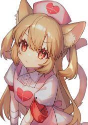 Rule 34 | 1girl, animal ear fluff, animal ears, apron, armband, bandaged wrist, bandages, blonde hair, cat ears, cat tail, center frills, closed mouth, collared dress, commentary, dress, frills, hat, heart, heart print, highres, kemonomimi mode, long hair, looking at viewer, natori sana, nurse cap, pink apron, pink hat, puffy short sleeves, puffy sleeves, red armband, red eyes, safety pin, sana channel, short sleeves, simple background, solo, tail, two side up, v-shaped eyebrows, v arms, virtual youtuber, white background, white dress, zumi tiri