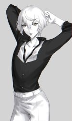 Rule 34 | 1boy, androgynous, arms behind head, arms up, belt, collarbone, collared shirt, cowboy shot, dress shirt, hair between eyes, higekiri (touken ranbu), highres, long sleeves, looking at viewer, male focus, oshage (osyage921), pants, parted lips, pectoral cleavage, pectorals, shirt, short hair, simple background, solo, spot color, touken ranbu, yellow eyes