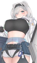 Rule 34 | 1girl, animal ears, aoi mochio, arknights, aurora (arknights), bear ears, bear girl, black gloves, black hairband, eyes visible through hair, from below, gloves, grey shorts, hair ornament, hair over one eye, hairband, hairclip, highres, jacket, long sleeves, looking at viewer, midriff, navel, pouch, short shorts, shorts, shrug (clothing), simple background, smile, solo, white background, white jacket