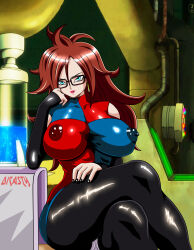 Rule 34 | 1girl, android 21, blue eyes, breasts, crossed legs, dicasty, dragon ball, dragon ball fighterz, glasses, highres, large breasts, legs, long hair, mature female, pantyhose, sexually suggestive