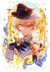 Rule 34 | 1boy, black bow, black bowtie, black gloves, bow, bowtie, chulixun1, commentary, gloves, hand on own chest, hat, highres, long sleeves, monocle, orange eyes, orange hair, parted lips, project sekai, short hair, solo, star (symbol), tenma tsukasa