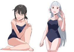 Rule 34 | 2girls, black hair, black one-piece swimsuit, breasts, closed eyes, collarbone, competition school swimsuit, cowboy shot, eyebrows, fubuki (kancolle), full body, hair ribbon, itouebiko, kantai collection, long hair, looking at viewer, looking down, low ponytail, medium breasts, multiple girls, murakumo (kancolle), one-piece swimsuit, open mouth, ponytail, red eyes, ribbon, school swimsuit, short ponytail, sidelocks, silver hair, sitting, smile, swimsuit, tress ribbon, water, white background