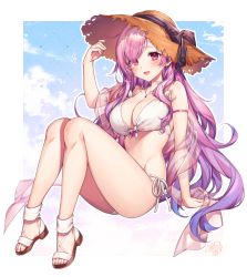 Rule 34 | 1girl, arm strap, ass, bare legs, bare shoulders, bikini, breasts, brown hat, cleavage, front-tie bikini top, front-tie top, full body, groin, halterneck, hand up, hat, highres, komeshiro kasu, large breasts, long hair, looking at viewer, open mouth, original, pink hair, red eyes, sandals, shawl, smile, solo, straw hat, string bikini, swimsuit, thighs, very long hair, white background, white bikini
