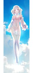 Rule 34 | 1girl, absurdres, bare shoulders, blue background, blue eyes, blush, bow, bowtie, breasts, cloud, cloudy sky, covering privates, covering breasts, floating, flying, gem, glowing, highres, looking at viewer, medium breasts, no shoes, original, outdoors, patch oxxo, pleated sleeves, sky, smile, solo, thighhighs, white bow, white bowtie, white hair, white sleeves, white thighhighs