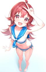 Rule 34 | 1girl, ahoge, arm up, armpits, bare legs, barefoot, bikini, blue bow, blue neckerchief, blue sailor collar, blush, bow, breasts, cleavage, collarbone, commentary, dot nose, from above, full body, groin, hair between eyes, hair flaps, highres, idolmaster, idolmaster shiny colors, komiya kaho, long hair, looking at viewer, navel, neckerchief, open mouth, qianlou (qianlou12374), red eyes, red hair, sailor collar, sailor swimsuit (idolmaster), sidelocks, small breasts, smile, solo, standing, stomach, swimsuit, thighs, v, white background, white bikini
