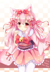 Rule 34 | 1girl, 2018, animal ears, azur lane, bell, bow, cat ears, checkered background, commentary request, floral print, flower, frilled skirt, frills, fur collar, hair between eyes, hair bow, hair flower, hair ornament, happy new year, japanese clothes, jingle bell, kedama (kedama akaza), kimono, kisaragi (azur lane), kisaragi (new year&#039;s wish) (azur lane), long hair, long sleeves, new year, obi, pantyhose, pink hair, pink kimono, pink skirt, print bow, red bow, red eyes, sash, short kimono, skirt, solo, very long hair, white pantyhose, wide sleeves