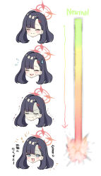 Rule 34 | 1girl, angry, black hair, blue archive, blue eyes, blush, closed eyes, closed mouth, commentary, explosion, expressions, false smile, flying sweatdrops, gloom (expression), hair ornament, hairclip, halo, highres, ichika (blue archive), multiple views, nervous sweating, open mouth, sasami (cho ge n ki), shaded face, simple background, smile, sparkle, sweat, sweatdrop, swept bangs, translated, trembling, white background