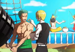 Rule 34 | 5boys, black vest, blonde hair, dumbbell, exercising, feeding, feet out of frame, fishing, green hair, hair over one eye, male focus, monkey d. luffy, multiple boys, muscular, muscular male, one piece, open mouth, oversized object, pectorals, roronoa zoro, sanji (one piece), scar, scar across eye, scar on chest, short hair, sideburns, sunlight, sweat, taro (honyarara00), tony tony chopper, topless male, usopp, vest, weightlifting