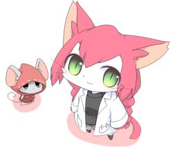 Rule 34 | 1girl, :3, animal ears, black shirt, braid, cat busters, cat ears, cat girl, cat tail, chibi, closed mouth, coat, commentary request, full body, furry, furry female, green eyes, lab coat, lets0020, long hair, long sleeves, looking at viewer, mouse (animal), neko hakase (cat busters), pink hair, shirt, simple background, slit pupils, smile, standing, tail, twin braids, very long hair, white background, white coat