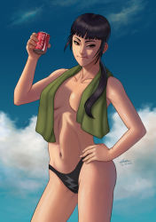 Rule 34 | 1girl, ace combat, ace combat 7: skies unknown, bikini, bikini bottom only, black hair, breasts, brown eyes, can, cloud, cola, collarbone, drink can, hand on own hip, holding, hoshinocomet, huxian, long hair, looking at viewer, medium breasts, namco, navel, ponytail, signature, sky, soda can, solo, standing, stomach, swimsuit, tongue, tongue out, topless, towel, towel around neck