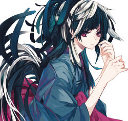 Rule 34 | 1girl, black hair, drr saku, female focus, long hair, looking at viewer, lowres, original, ponytail, red eyes, simple background, solo, traditional clothes, very long hair, white background, yuichi (zen)