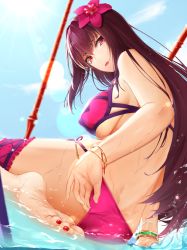 Rule 34 | 1girl, arm support, barefoot, bikini, blue sky, bracelet, breasts, bridal garter, butt crack, day, deep skin, fate/grand order, fate (series), feet, flower, gae bolg (fate), hair flower, hair intakes, hair ornament, hibiscus, jewelry, kitagawa onitarou, large breasts, lens flare, long hair, looking at viewer, nail polish, outdoors, parted lips, partially submerged, pink bikini, purple hair, red eyes, red nails, scathach (fate), scathach (fate/grand order), scathach (swimsuit assassin) (fate), sitting, sky, soles, solo, sunlight, swimsuit, taut clothes, taut swimsuit, toenail polish, toenails, toes, underboob, wet