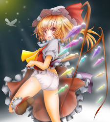 Rule 34 | 1girl, 774r, ascot, ass, blonde hair, clothes lift, colorized, dress, dress lift, fang, flandre scarlet, hat, hat ribbon, looking at viewer, looking back, mob cap, open mouth, panties, pantyshot, pink eyes, puffy short sleeves, puffy sleeves, red dress, ribbon, shirt, short sleeves, side ponytail, skirt, skirt lift, smile, solo, standing, touhou, underwear, upskirt, white panties, wings