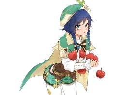 Rule 34 | 1boy, absurdres, apple, black hair, blue hair, braid, cape, flower, food, fruit, gem, genshin impact, gradient hair, green eyes, green hat, hair flower, hair ornament, hat, highres, holding, jewelry, leaf, long sleeves, looking at viewer, male focus, multicolored hair, open mouth, pantyhose, ribbon, shorts, simple background, solo, sweat, trap, tutimaru0730, twin braids, venti (genshin impact), white background, white flower, white pantyhose