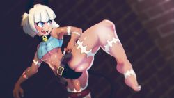 Rule 34 | 1girl, absurdres, belt buckle, belt pouch, blue eyes, blurry, blurry background, bob cut, breasts, buckle, claws, collar, crop top, dark-skinned female, dark skin, eyes visible through hair, fangs, gluteal fold, grey background, groin tendon, highres, leg up, ms. fortune (skullgirls), muscular, muscular female, navel, neck bell, open mouth, painting fish, panties, pouch, scar, short hair, skullgirls, smile, solo, spread legs, underboob, underwear, white hair