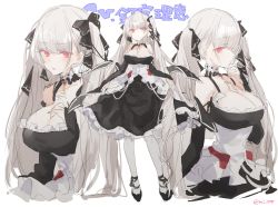 Rule 34 | 1girl, absurdly long hair, azur lane, bad id, bad twitter id, bare shoulders, black dress, black footwear, blush, breasts, brown eyes, cleavage, clothes lift, commentary request, dress, expressions, formidable (azur lane), frilled dress, frills, full body, grey hair, high heels, highres, large breasts, long hair, looking at viewer, low twintails, mi 398, pink eyes, standing, twintails, very long hair, white legwear