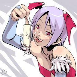 Rule 34 | 1girl, capcom, demon girl, elbow gloves, flat chest, food, gloves, head wings, ice cream, jewelry, leotard, lilith aensland, phallic symbol, popsicle, purple hair, red eyes, red leotard, ring, sexually suggestive, short hair, solo, tongue, vampire (game), wings