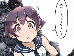 Rule 34 | 10s, 1girl, collarbone, comic, flying sweatdrops, from above, kantai collection, looking at viewer, looking up, purple hair, red eyes, sailor collar, sakawa (kancolle), short hair, simple background, smile, smokestack, solo, tanaka kusao, translation request, white background