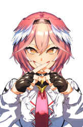 Rule 34 | 1girl, black choker, black gloves, choker, crossed fingers, facing viewer, feathered wings, feathers, fingerless gloves, gloves, hairband, head wings, highres, hololive, long hair, long sleeves, looking at viewer, necktie, nuezou, pink feathers, pink hair, red nails, red necktie, shirt, simon (ttgl), solo, symbol-shaped pupils, takane lui, takane lui (1st costume), upper body, virtual youtuber, white background, white feathers, wings, yellow eyes