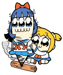 Rule 34 | 2girls, :3, bkub, blue eyes, blue hair, blue sailor collar, blue skirt, bow, brown footwear, commentary, hair bow, hair ornament, hair scrunchie, long hair, motion lines, multiple girls, neckerchief, on ground, orange hair, pipimi, poptepipic, popuko, red bow, red neckerchief, sailor collar, school uniform, scrunchie, serafuku, shoes, short hair, short twintails, sidelocks, simple background, sitting, skirt, smoke, spinning, twintails, two side up, white background, wood, yellow eyes, yellow scrunchie