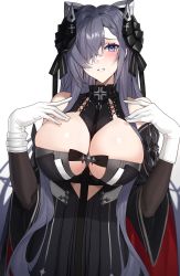 Rule 34 | 1girl, august von parseval (azur lane), azur lane, between breasts, black horns, blue eyes, blue hair, blush, breasts, choker, clothing cutout, cross, cross-laced clothes, cross-laced dress, curled horns, dragon horns, frilled choker, frills, gloves, hair over one eye, hair ribbon, hand on own chest, hands up, highres, horns, iron cross, large breasts, long hair, one eye covered, parted lips, raitho, ribbon, simple background, solo, strap between breasts, two-tone dress, underboob cutout, upper body, white background, white gloves