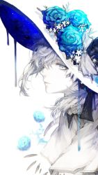 Rule 34 | 1boy, ameiro, aqua flower, blue eyes, bow, capelet, dripping, flower, fringe trim, from side, hat, hat bow, hat flower, highres, kanae (nijisanji), liquid, looking at viewer, male focus, medium hair, nijisanji, pale skin, portrait, profile, rose, simple background, solo, starry sky print, virtual youtuber, white background, white hat, witch hat